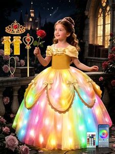 Princess Dress for Girls, RGB LED Light Up Syncs Music App Control Dress Up Clothes for Gilrs, Halloween Costume with Accessories Toddler Princess Dress for Birthday Party, Christmas, 3-9 Years Old
