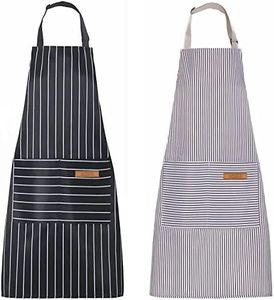 Apron, Adjustable 2 Pack Bib Aprons with 2 Pockets Cooking Kitchen Aprons for Men Women, for BBQ Outdoors Baking Chef Apron, Black/Brown Stripes, M,L