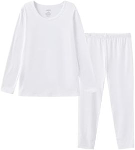 HODOSPORTS Boy’s Thermal Underwear Set Kid’s Winter Base Layer Fleece Lined Compression Shirt Pant White