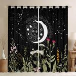 Sun and Moon Decor Kids Window Curtains for Bedroom Living Room Girl Bohemian Window Treatments Boys Teens Boho Exotic Black White Galaxy Stars Window Drapes Botanical Plant 42W X 63L，2 Panels