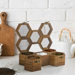 Creation India Craft "Honeycomb Spice Box With 5 Large Container & Spoon Wooden Spice Box Set for Kitchen Masala Spice Boxes Masala Daani Namak Dani Dabba Multipurpose Decorative Boxes (Brown)