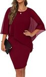 QIXING Womens Summer Casual Dress Loose Batwing Sleeve Crew Neck Chiffon Cape Elegant Midi Cocktail Pencil Dresses for Women UK for Funeral Party Wedding, 03 Wine Red, XXL