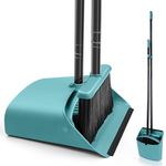 JEHONN Broom and Dustpan Set, 137 cm Long Handled Sweeping Brush and Upright Standing Dust Pan with Comb Teeth for Indoor Home Kitchen Lobby Garden Office Room (Grey Green)