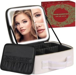 MAYFIY Makeup Bag with LED Mirror and Travel Makeup Train Case Cosmetic Organiser with 2X3X Magnifying Mirror and Separate Makeup Brush Panel, Portable Adjustable Divider Storage Bag, Creamy-white