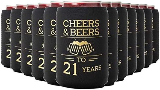 Cheers & Beers to 21 Years Can Coolers, Set of 12, Black and Gold 21st Birthday Decorations for Men, Perfect 21st Birthday Party Favors, Cheers to 21 Years Birthday Decorations