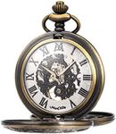 ManChDa Mechanical Roman Numerals Dial Skeleton Pocket Watches with Gift Box and Chains for Mens Women