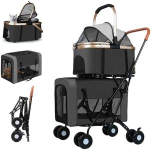 3 in 1 Folding Dog Stroller, 4 Wheels for Small/Medium Dogs, Cat Stroller w/Removable Travel Carrier for Small/Medium/Large Pet, Waterproof Pad, Car Seat, Sun Shade (Deep Black)