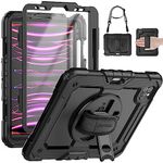 SEYMAC Case for iPad Pro 11 inch 4th/3th/2rd/1st Generation 2022/2021/2020/2018, Shockproof iPad Pro 11 Case With Screen Protector,Kickstand, Hand Strap & Shoulder Strap Black