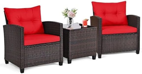 ORALNER 3 Pieces Wicker Patio Furniture Set, Outdoor Conversation Set Rattan Chairs with Soft Cushions, Glass Coffee Table, Bistro Set for Front Porch Balcony Garden Deck Poolside (Red)
