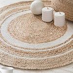 imsid Handwoven 2x2 feet Round Rug, Natural Fibers, Braided Reversible Carpet for Stylish Bedroom Living Room Dining Room Kids Room (2x2 feet, White & Beige)