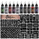 STIGMA Temporary Tattoo Kit 10 Bottles Color Inks, 84 Pcs Stencils Kit for Body Paint DIY Tattoos Temp, DIY Fake Tattoo for Women Kids (Black*2, Cyan, Red, Green, Blue, Purple, Brown*2, Orange) ZYH2207001KIT