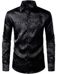 ZEROYAA Men's Shiny Satin Rose Floral Jacquard Long Sleeve Button Up Dress Shirts for Party Prom ZLCL26-Black Medium