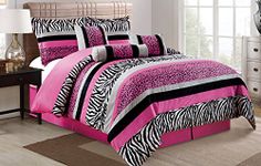 Grand Linen 7 Piece Oversize HOT Pink Black White Zebra Leopard Micro Fur Comforter Set King Size Bedding 104"X94"