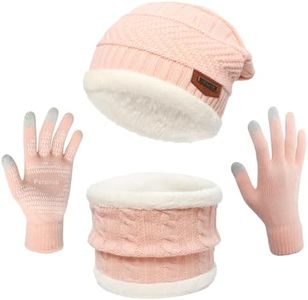 MAYLISACC Winter Knit Beanie Hat Neck Warmer Scarf and Touch Screen Gloves Set 3 Pcs Fleece Lined Skull Cap for Men Women Pink