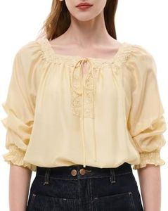 GOELIA Women's Summer Tencel Blouse Embroidered Square Neck Trim Ruched Puff Sleeves Loose Fit Casual Work Tunics Tops (US, Alpha, Small, Regular, Regular, Vanillla)