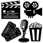 5 Pieces Media Room Decor Wooden Movie Reel Home Theater Decor Cinema Wall Art Movie Reel Theater Action Popcorn Ticket Sign Movie Night Decor Theme Party Decorations for Home Bedroom Office Studio