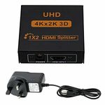 Multibao HDMI Splitter 1 in 2 Out, 4K 2 Way HDMI Splitter, Aluminum Powered HDMI Switch Ver 1.4 HDCP Bypass, Supports 4K@30Hz 1080P 3D for PS3 PS4 Xbox HDTV with UK Power Plug