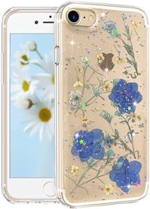 CEOKOK for iPhone SE 2020/SE 2022 Case Clear with Real Pressed Flowers Design Cute Bling Glitter Blue Sparkly Stars Floral Slim Soft TPU Protective Women Girl's Phone Cover for iPhone 7/8