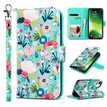 ULAK iPhone Wallet Case, iPhone Case with Card Holder, PU Leather Flip Cover with Kickstand Magnetic Closure TPU Shockproof Interior Protective Case for iPhone 6.1 Inch, Mint Floral