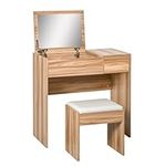 HOMCOM Makeup Desk with Drawer, Vanity Table Set with Flip-up Mirror and Cushioned Stool, Natural