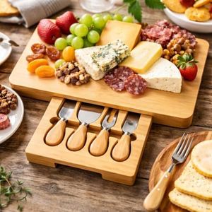 Deluxe Bamboo Cheese Board Set with Drawer & 4 Stainless Steel Cheese Knives Large Charcuterie Board Gift Set Large Wooden Serving Platter for Cheese, Meat, Crackers & Wine Night Dad Gift Idea