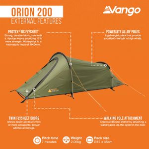 Vango Orion 200 2-Person Tunnel Tent – 5000mm HH, Alloy Poles, Lightweight