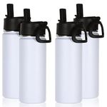 Volhoply 18oz Insulated Water Bottle Bulk 4 Pack,Kids Stainless Steel Water Bottles with Straw Lid,Wide Mouth Reusable Metal Thermos Bottle,Double Wall Vacuum Sports Flask for Cold Drink(White,4 Set)