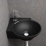 REMOTION Wall Mounted Wash Basin for Bathroom | Ceramic Wash Basin | Wall Hung Small Corner Wash Basin/Sink (16.3 x 13.8 x 4.3 Inch) (Matte Black)
