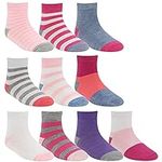 Stride Rite 360 Girls 10 Pack Super Soft Crew Socks with Fun Stripes and Colorblock in Basic Colors with Non Skid Gripper Bottoms Fits Toddler 2-4T Shoe Size 7-10