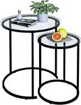 Huhote Round Coffee Tables, Set of 2 End Table, Nesting Tables, Side Table with Metal Frame for Living Room/Bedroom/Balcony/Office/Apartment, Diameter 19.6/13.7 IN (Black Frame, Glass Top)