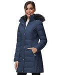 SLOW DOWN Women Winter Down Puffer Coat Warm Hooded Mid-Length Down Jacket for Women with Faux Fur Trim Hood and Pile Collar (Navy, L)