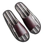 Slippers for Womens/Mens, Linen Slippers, Leather Slide Sandal​s for Mens, Open Toes Indoor House Slippers, Indoor Outdoor House Shoes Comfortable Non-Slip (Color : Brown, Size : EUR 41-42)