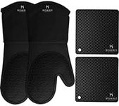 HOMWE Silicone Oven Gloves & Pot Holders - 4 Piece Heat Resistant, Kitchen & Baking Oven Mitt Set with Non-Slip Textured Grip - Black