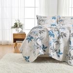 HollyHOME Quilt Set 3 Pieces with Gray and Teal Leaves Reversible Bedspreads Coverlets Bedding Set All Season, King