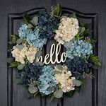 QUNWREATH Handmade Floral 18 inch Blue White Hydrangea Series Wreath,Gifts Package,Free Hooks,Spring Front Door Rustic Wreath,Farmhouse Wreath,Grapevine Wreath,Light up Wreath,Everyday Wreath,QUNW72