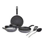 Amazon Brand - Solimo 6 Piece Non-Stick Cookware Set | Granite Finish | Induction Base | PFOA Free | HTR Exterior Coating | 25cm Tawa, 22 cm Kadai, 22cm Fry Pan, 1 Glass Lid & 2 Nylon Spatulas | Grey
