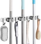 SHYOSUCCE Broom Mop Holder, Stainless Steel Broom Storage with 3 Racks and 4 Hooks, Wall Mounted Organizer for Kitchen, Bathroom, Garage and Garden, Gray