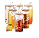 Drinking Glass with Bamboo Lids and Glass Straws,6 Pack 16oz Beer Glass Can Shaped Cups Bulk, Glass Tumbler Reusable Cute Cups for Whiskey, Iced Coffee, Tea, Soda, Cocktail, Gift