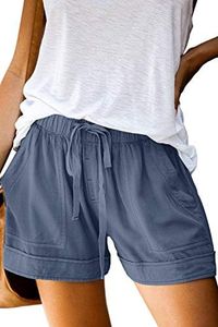KISSMODA Womens Drawstring Linen Shorts with Pockets Summer Cotton Casual Elastic Short Blue L
