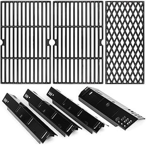 Uniflasy Grill Replacement Parts for Dyna Glo DGH450CRP 4 Burner Grill,Grill Part Kit for Dyna-Glo 4 Burner Grill,4-Pack Porcelain Steel Grill Heat Plates, 3-Pack Cast Iron Cooking Grates