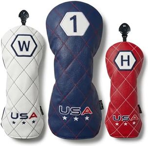 Sopkop USA Golf Club Covers Set, Driver Head Covers Fairway Wood Headcover Hybrid Head Cover of Hand-Embroidery Techniques,Colors of American Flag, for Men Women Golf Enthusiast (3 Pack)