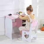 Kids Desk and Chair Set Wooden Study Desk with Storage Shelves for Boys, Girils Writing Reading | Childrens Table and Chair Set for Bedroom Furniture Playroom, Nursery, Gift for Ages 3-8 (White,Pink)