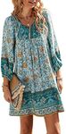 TEMOFON Women's Boho Mini Dress: Summer Floral 3/4 Long Sleeve V Neck Flowy Loose Casual Beach Dresses, Blue, X-Large