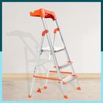 Houza 3 Step Foldable Aluminium Ladder for Home with Tool Tray | Ladder with Anti-Slip Shoes | Slip Prevention Steps | Durable, Heavy Duty, Safe, and Stylish | Made in India (Orange)