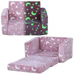AIYAPLAY Kids Sofa Bed, 2 in 1 Kids Folding Bed Toddler Armchair with Glow in The Dark Cosmic Design, Washable Cushion and Cover, Convertible Kid Chair to Lounger for 1.5-3 Years Old, 1 Seater, Pink