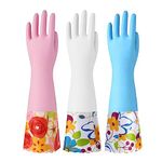 Bamllum 3 Pairs Rubber Cleaning Gloves, Household Kitchen Dishwashing Gloves with Cotton Flocked Liner, Long Cuff 16 Inches, Reusable, Non-Slip (Medium, Blue+Pink+White)