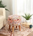 SR Printed Sitting Stool for Living Room Decoration Furniture Ottoman Wooden Pouffes for Sitting Puffy Footrest Ottoman Stool for Home Décor, Pouffie Dressing Table Stool, 16x16x17 Inches, Cream