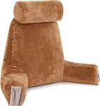 Husband Pillow Medium Tan, Backrest for Kids, Teens, Petite Adults - Reading Pillows with Arms, Adjustable Loft, Plush Memory Foam, Bed Rest Chair for Sitting Up, Detach Neck Roll, Removable Cover