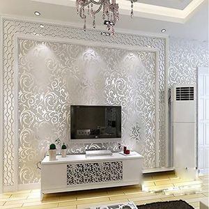 KeTian Modern Luxury Victorian Damask Embossed Textured for Living Room/BedRoom/TV Background PVC Wallpaper Roll 0.53m (1.73' W) x 10m (32.8' L) = 5.3㎡ (57 sq.ft) (Silver)