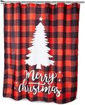 Farmlyn Creek 13 Pcs Set Buffalo Plaid Merry Christmas Tree Bath Shower Curtain with Hooks for Xmas Holiday Home Decorations, Red and Black, 70 x 71 in.